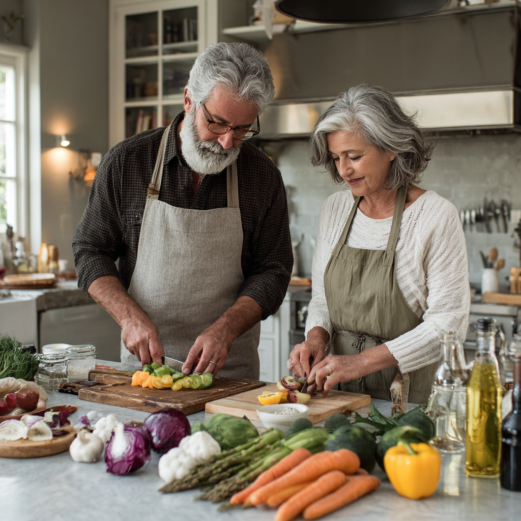 Middle-aged adults preparing healthy meals together in a bright kitchen