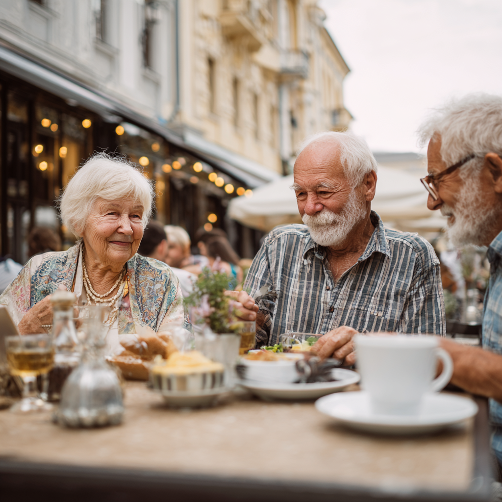 Older adults enjoying a balanced meal outdoors, relaxed atmosphere